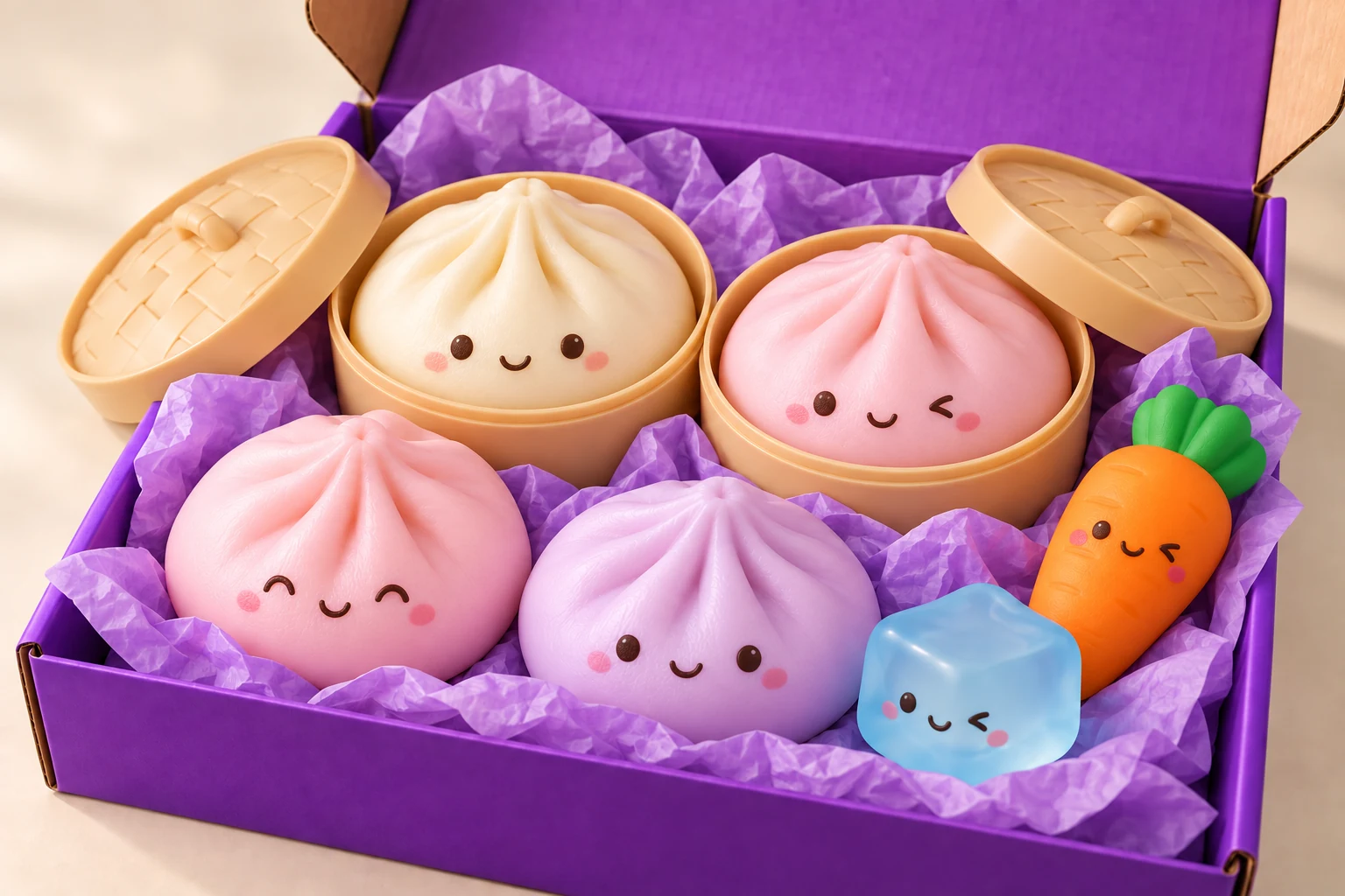 Realistic generated concept of a purple box with smiling dumpling toys, steamer containers, a carrot and a squeeze cube