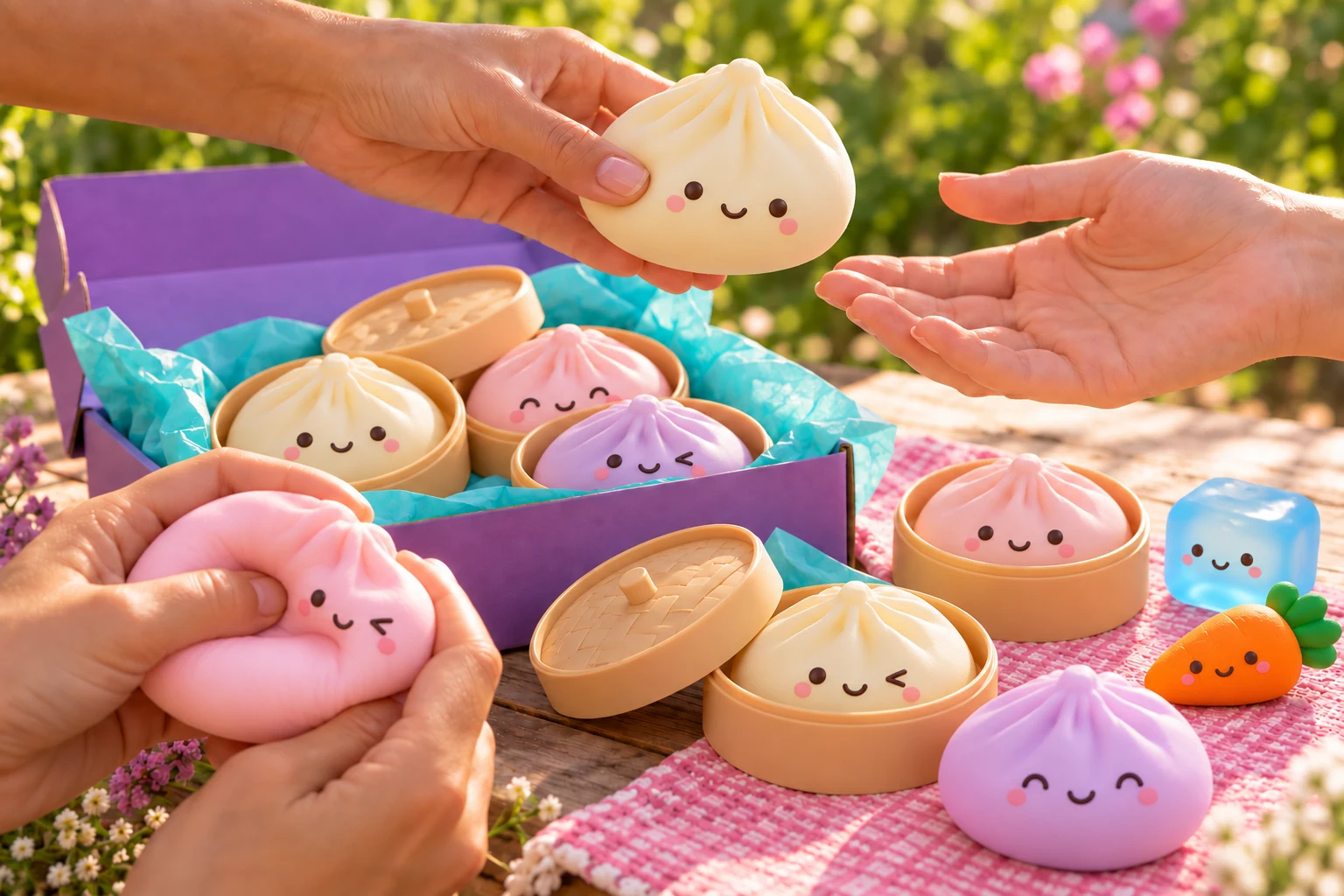 Generated close-up of hands trading and squeezing pastel dumpling toys with little faces and steamer containers